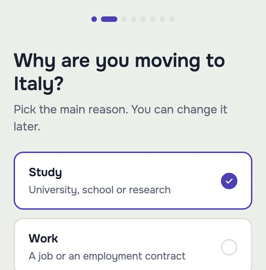 A question in Benvenù: why are you moving? Study is selected.